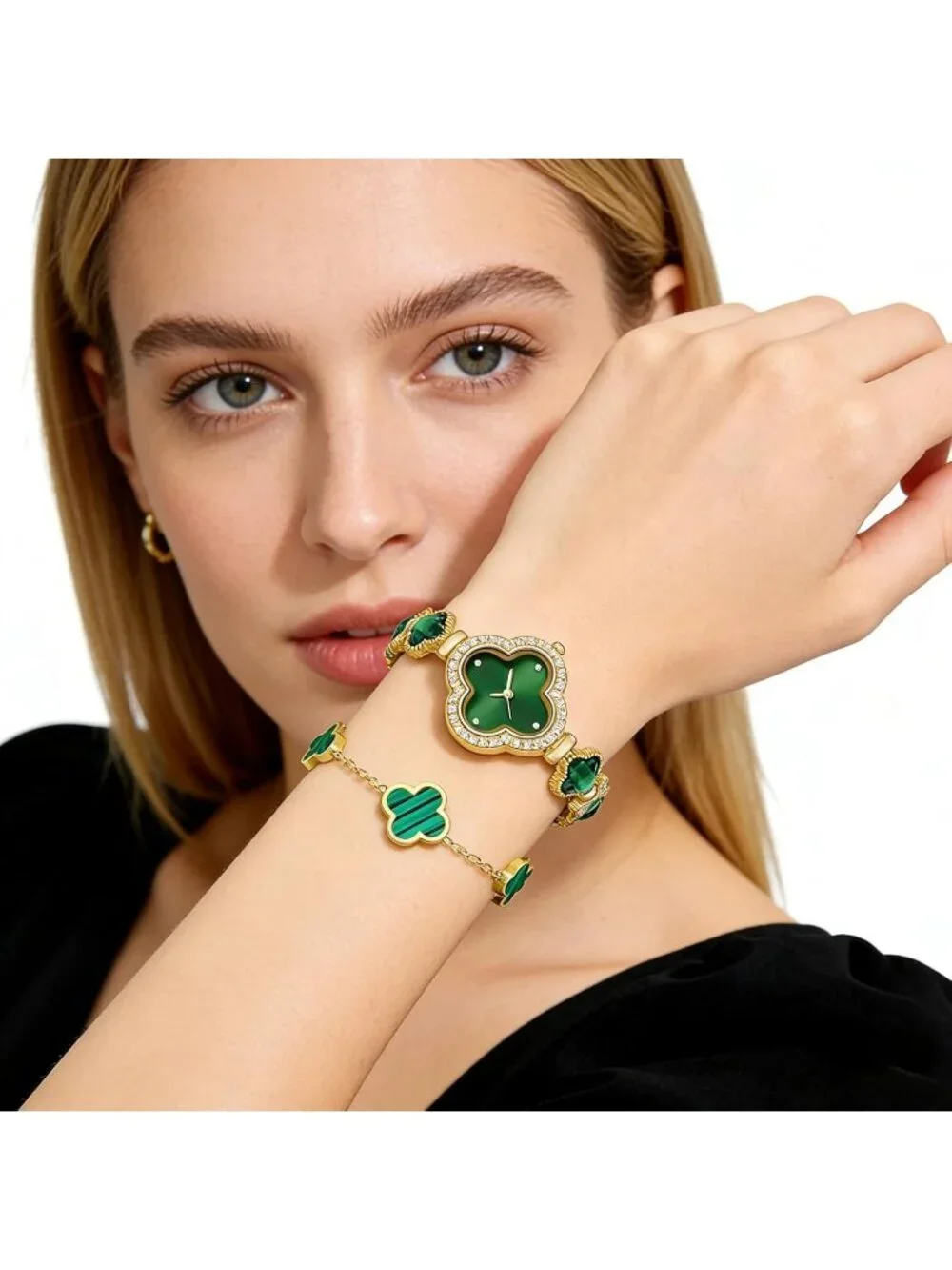 Women's Green Gold Lucky Clover Flower Design Four Leaf Bracelet Set Wrist Watch